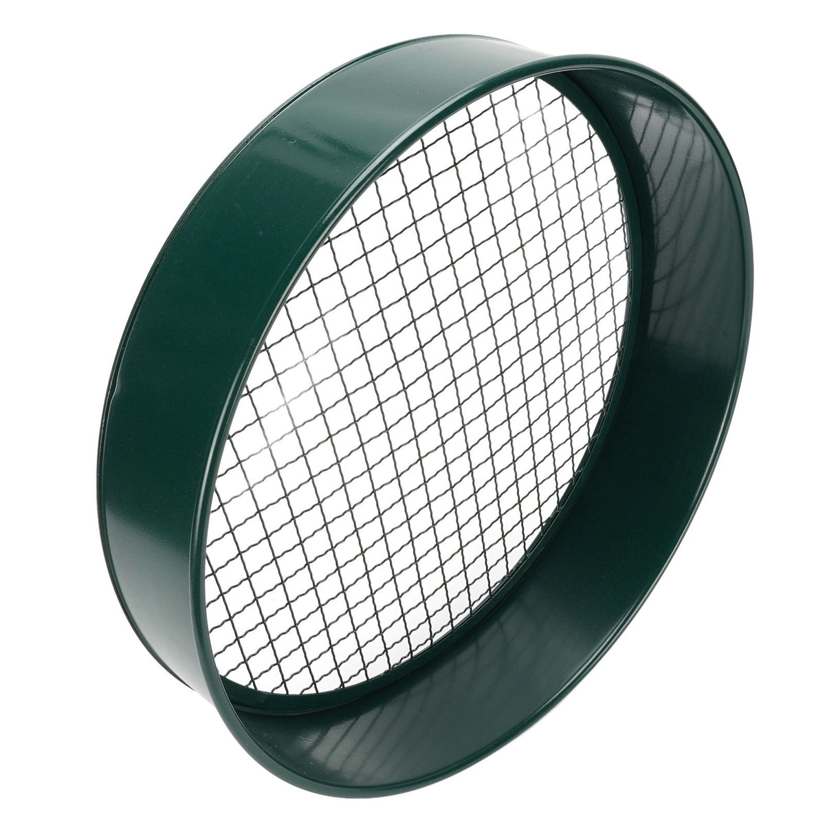 Dark green garden soil sieve with interchangeable mesh sizes 3mm, 6mm, 9mm, and 12mm for planting and soil sifting.