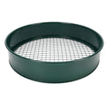 Dark green garden soil sieve with interchangeable mesh sizes 3mm, 6mm, 9mm, and 12mm for gardening and planting.