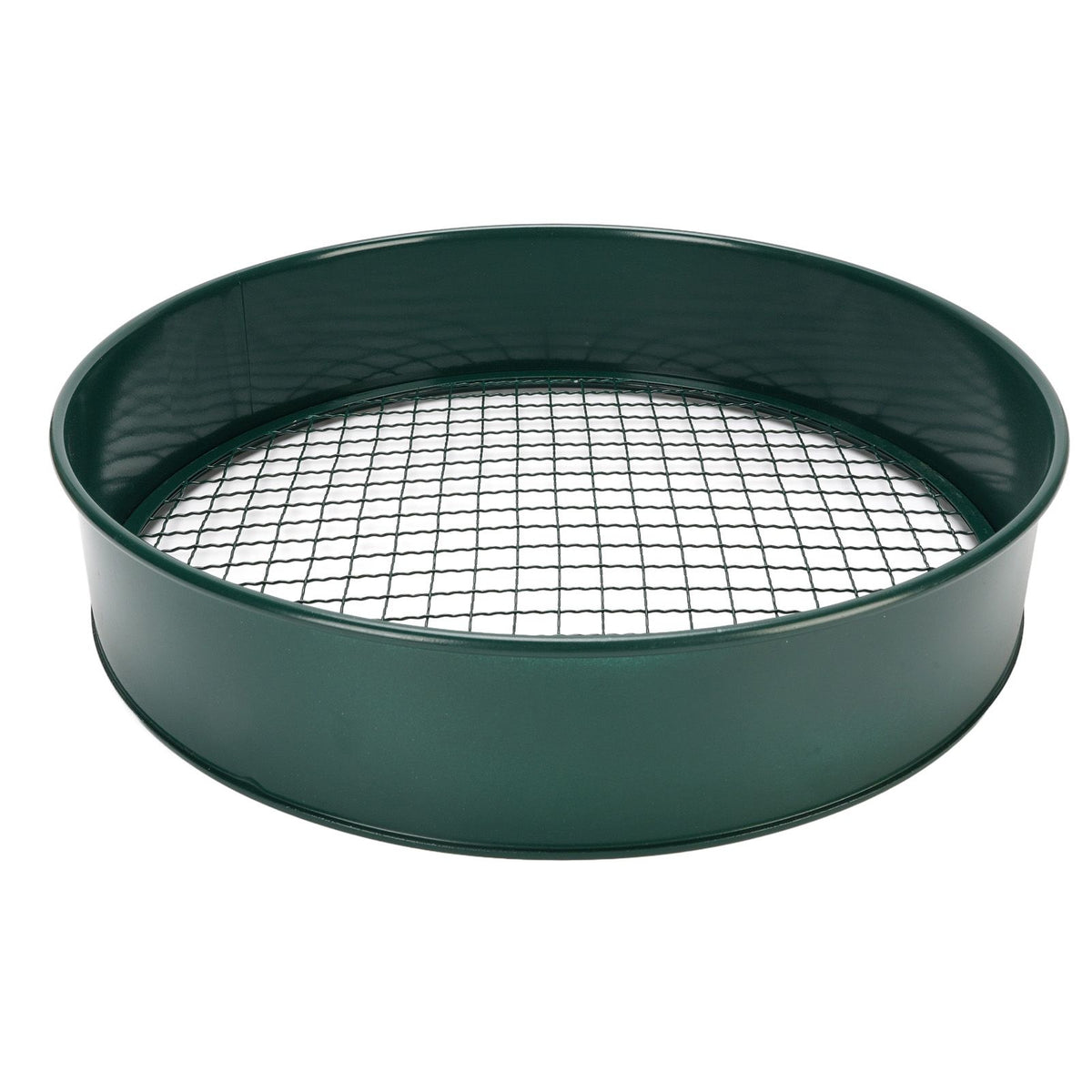 Dark green garden soil sieve with interchangeable mesh sizes 3mm, 6mm, 9mm, and 12mm for gardening and planting.
