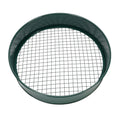 Dark green garden soil sieve with interchangeable mesh sizes 3mm, 6mm, 9mm, 12mm, for planting and gardening tasks.