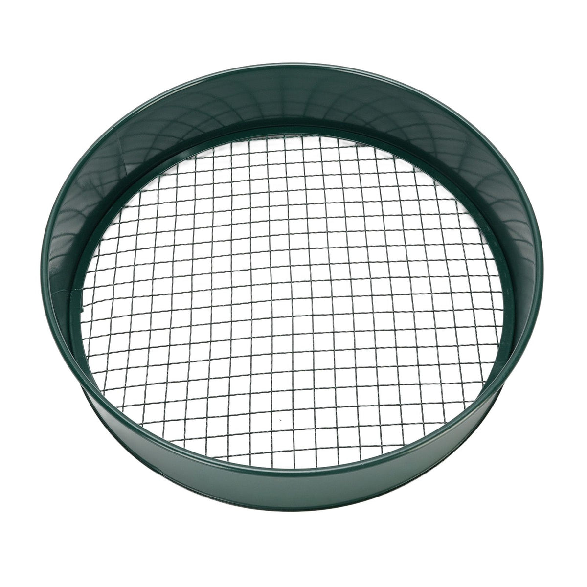 Dark green garden soil sieve with interchangeable mesh sizes 3mm, 6mm, 9mm, 12mm, for planting and gardening tasks.