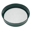 Dark green garden soil sieve with interchangeable 3mm, 6mm, 9mm, 12mm mesh sizes, used for sifting planting soil outdoors.