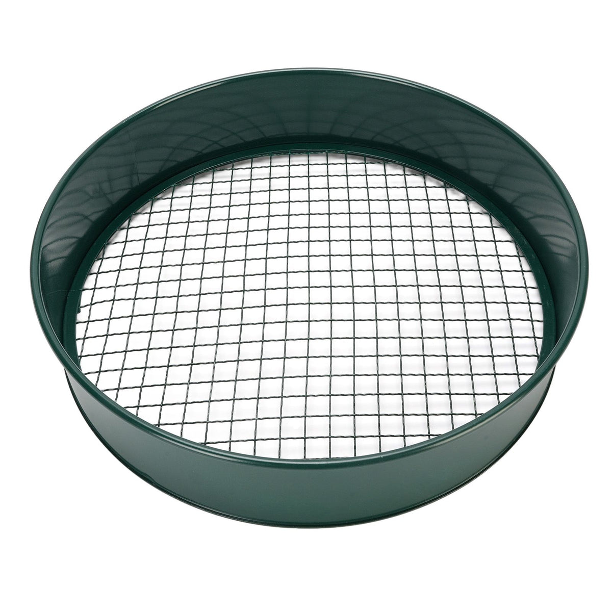 Dark green garden soil sieve with interchangeable 3mm, 6mm, 9mm, 12mm mesh sizes, used for sifting planting soil outdoors.
