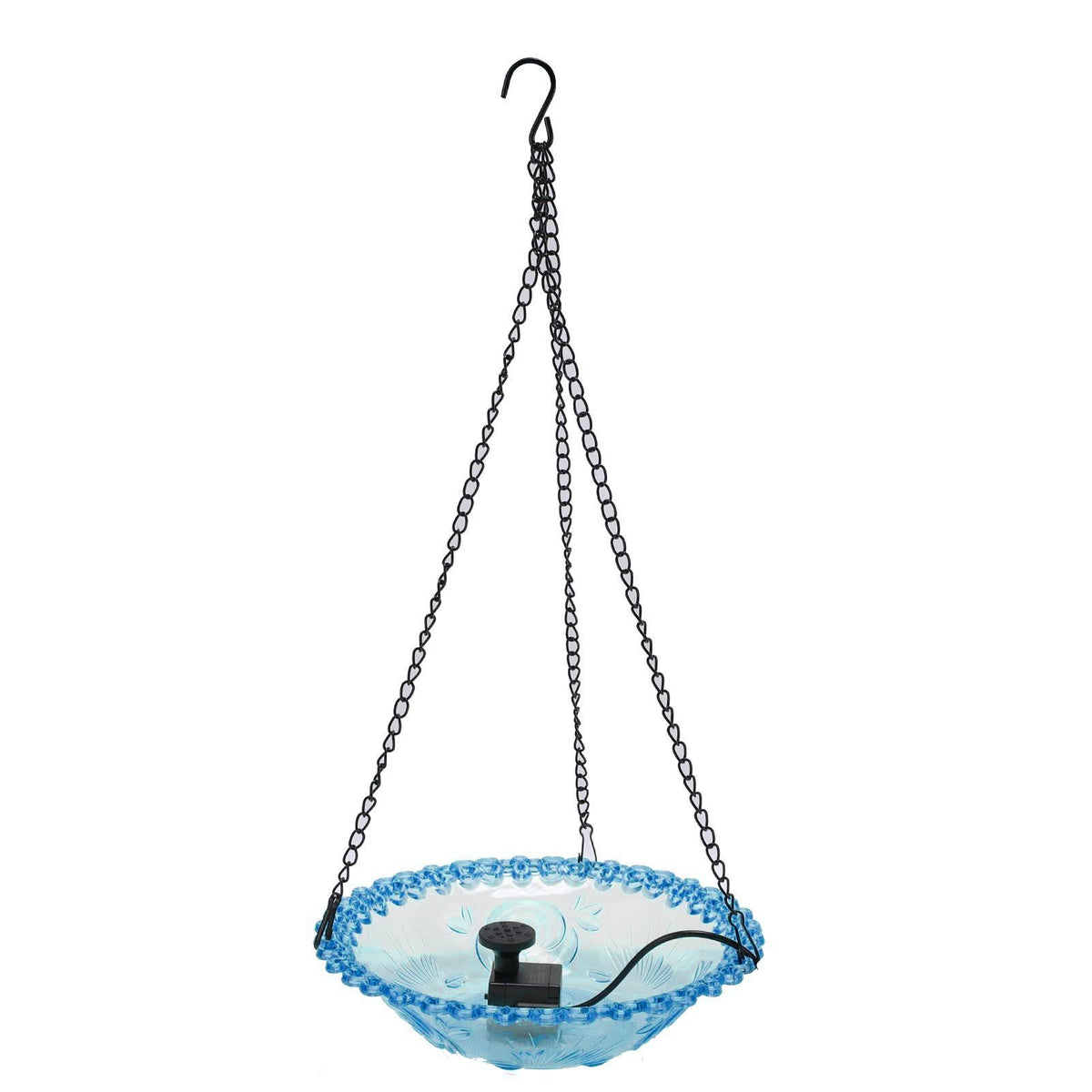 Blue outdoor plastic bird bath fountain with hummingbird water feature, USB powered, suitable for garden, yard, patio, and lawn.
