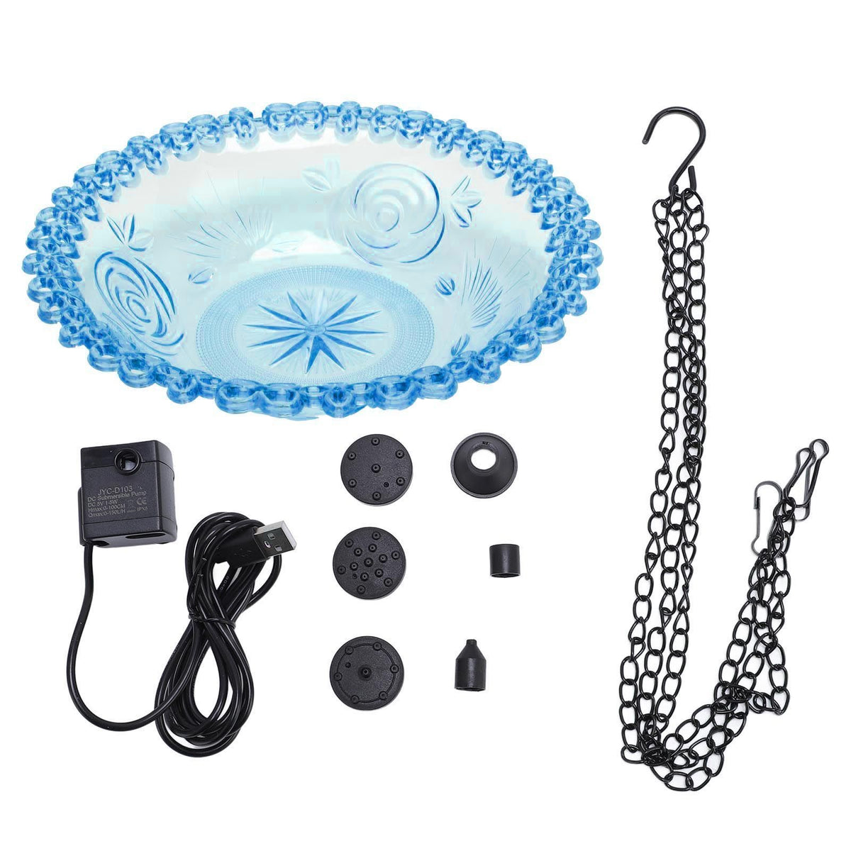 Blue outdoor plastic bird bath fountain with hanging design, USB powered hummingbird water feeder for garden and yard.