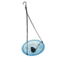 Blue outdoor plastic bird bath fountain with hanging hummingbird feeder, USB powered, suitable for garden and patio decor