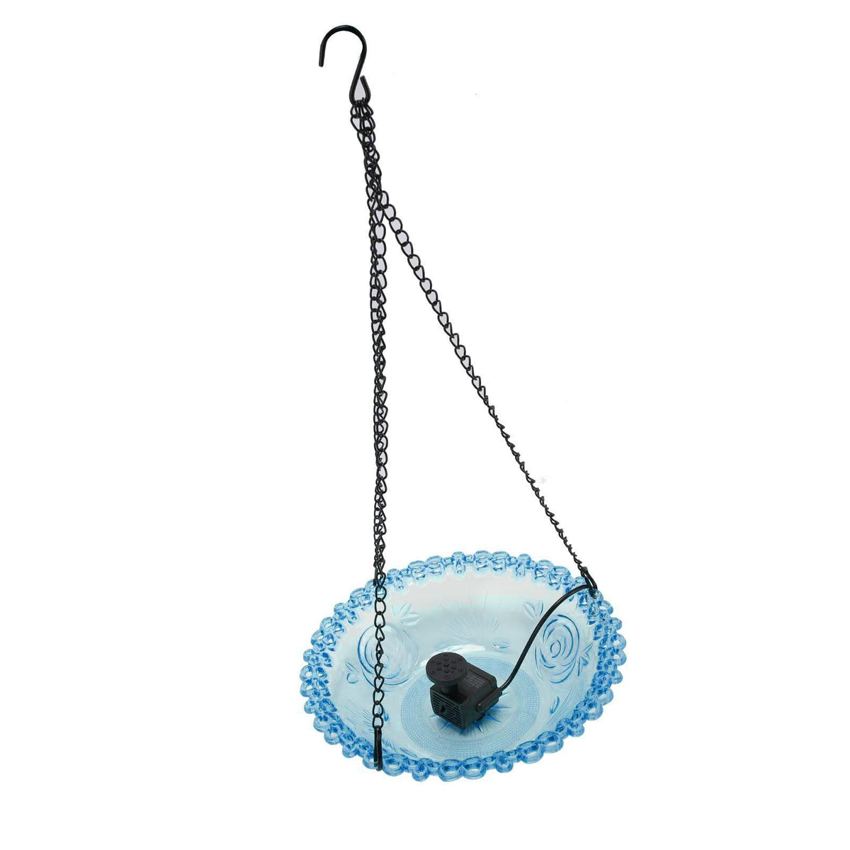 Blue outdoor plastic bird bath fountain with hanging hummingbird feeder, USB powered, suitable for garden and patio decor