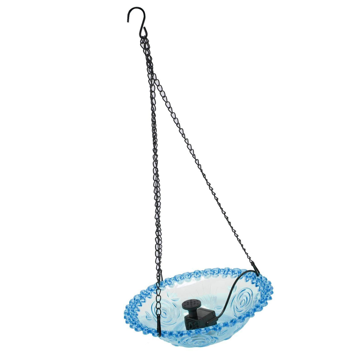 Blue outdoor plastic bird bath fountain with hanging design, USB powered hummingbird water feeder for garden yard patio lawn