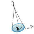 Blue outdoor plastic bird bath fountain with hanging design, USB-powered hummingbird water feeder for garden and patio birds.
