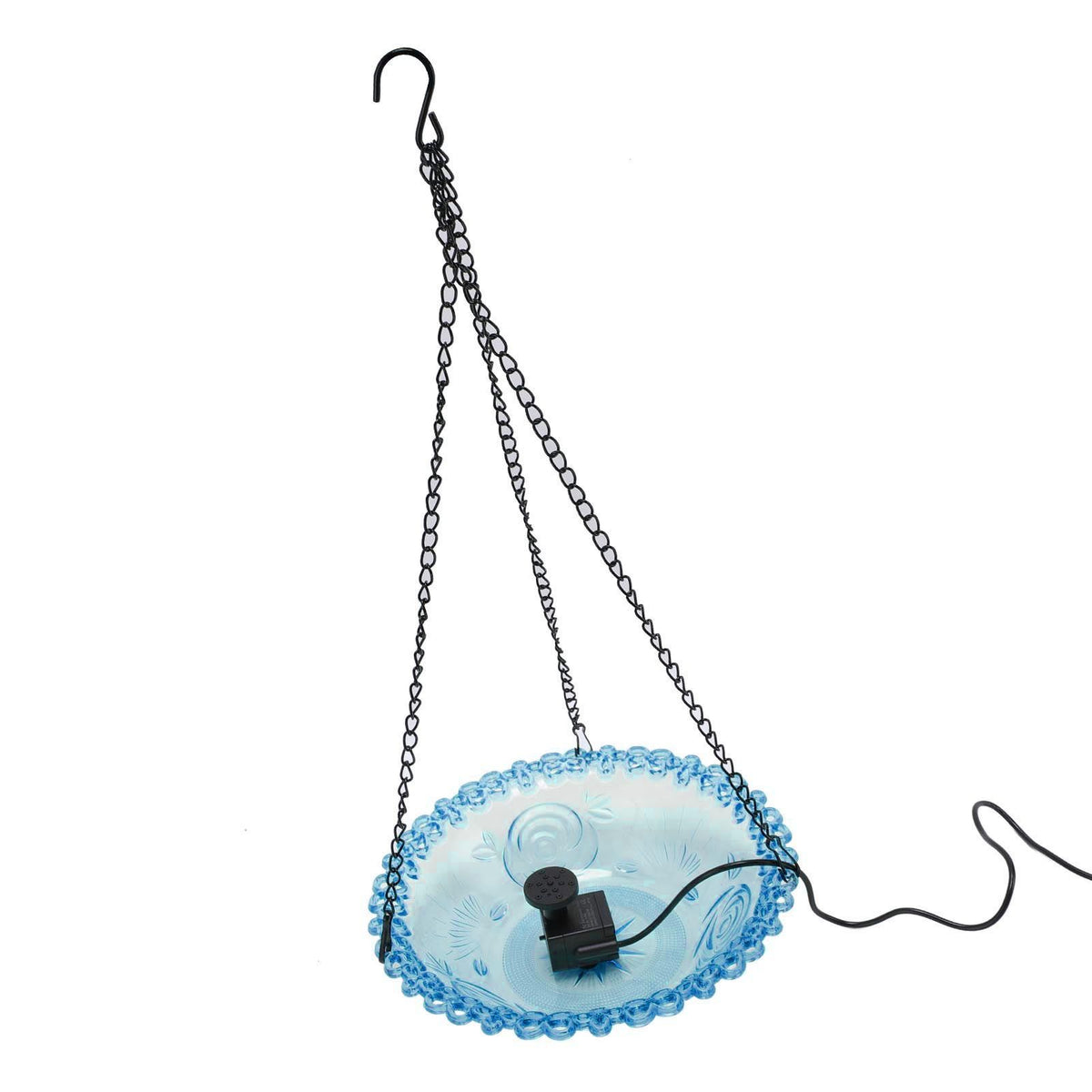 Blue outdoor plastic bird bath fountain with hanging design, USB-powered hummingbird water feeder for garden and patio birds.