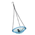 Blue outdoor plastic bird bath fountain with hanging design, USB powered hummingbird water feeder for garden and yard.