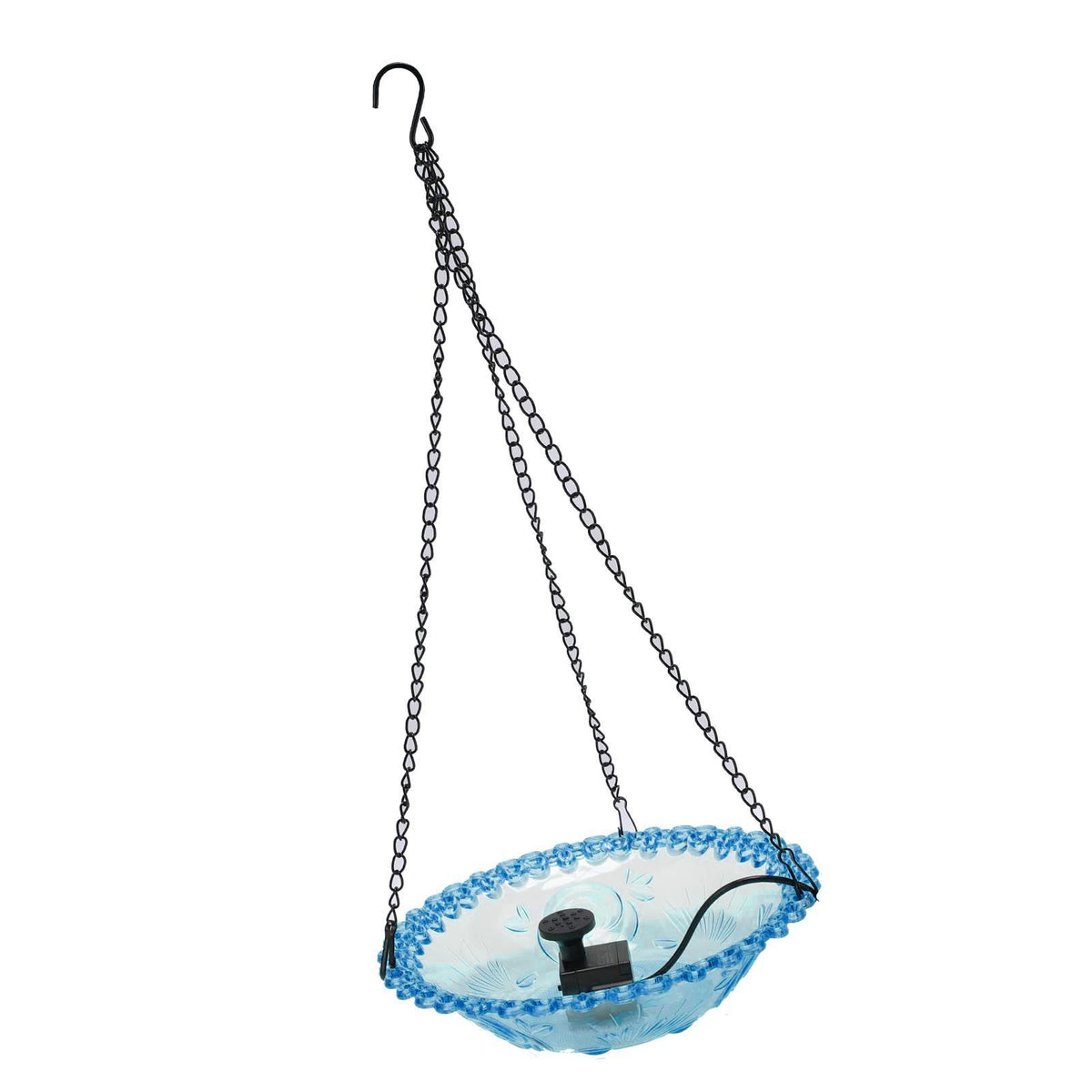 Blue outdoor plastic bird bath fountain with hanging design, USB powered hummingbird water feeder for garden and yard.