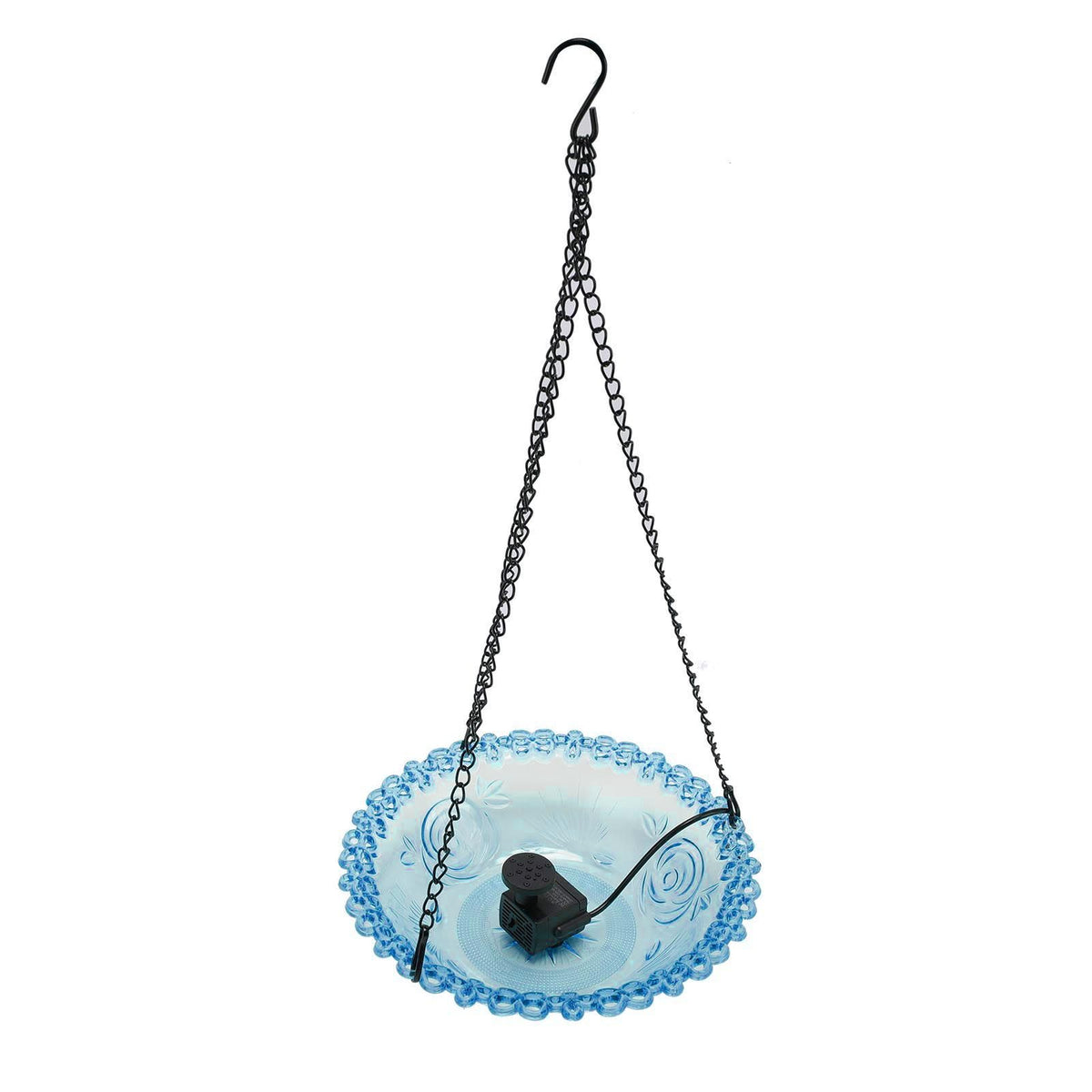Blue outdoor plastic bird bath fountain with hummingbird feeder, USB-powered water feature for garden or patio bird watching.