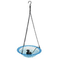 Blue outdoor bird bath fountain with hummingbird design, USB-powered hanging water fountain for garden or patio.