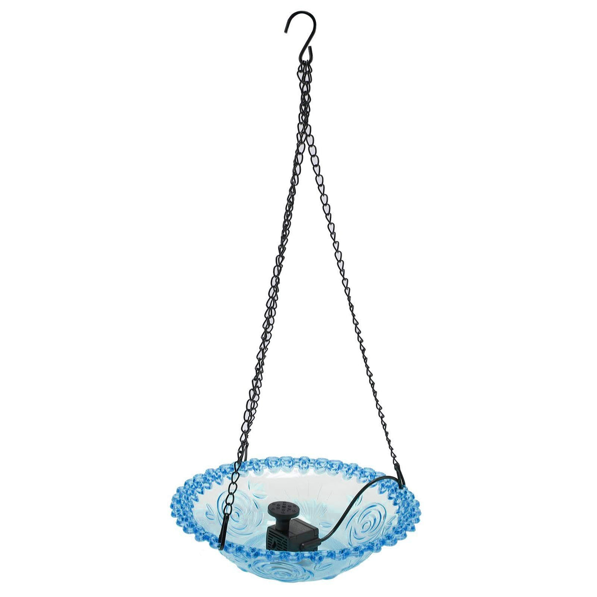 Blue outdoor bird bath fountain with hummingbird design, USB-powered hanging water fountain for garden or patio.