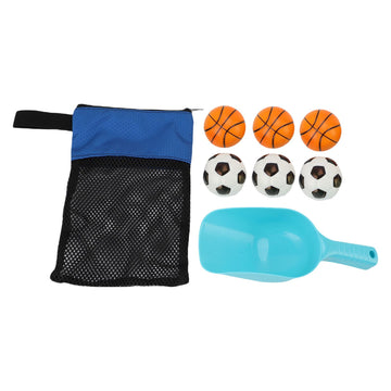 Outdoor beach toss game set with mesh bag, balls, and shovel for family fun at the beach, suitable for kids and adults.