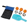 Outdoor beach toss game set with mesh bag, balls, and shovel for family fun at the beach, suitable for kids and adults.