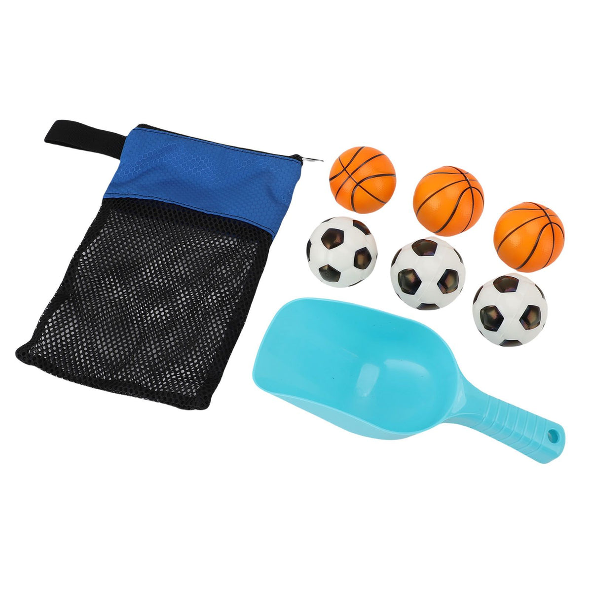 Outdoor beach toss game set with mesh bag, balls, and shovel for family fun at the beach, suitable for kids and adults.