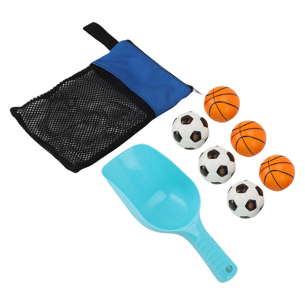 Outdoor beach toss game set with mesh bag, balls, and shovel, suitable for family, kids, and adults for outdoor play.