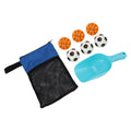 Outdoor beach toss game set with mesh bag, balls, and shovel for family fun at the beach, suitable for kids and adults.