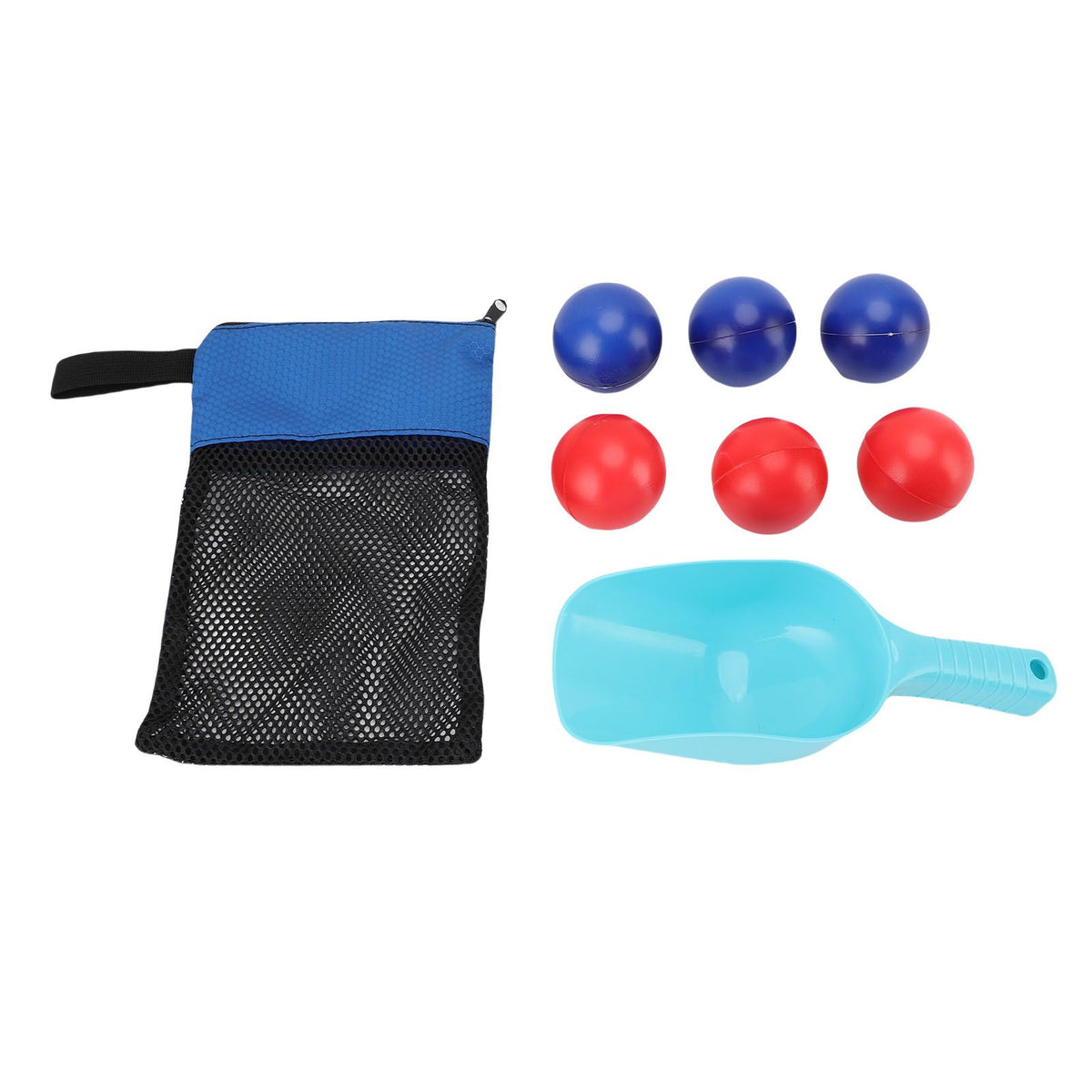 Everything Baby beach toss game set with blue and red PVC balls, mesh bag, and shovel for outdoor fun for kids and teens
