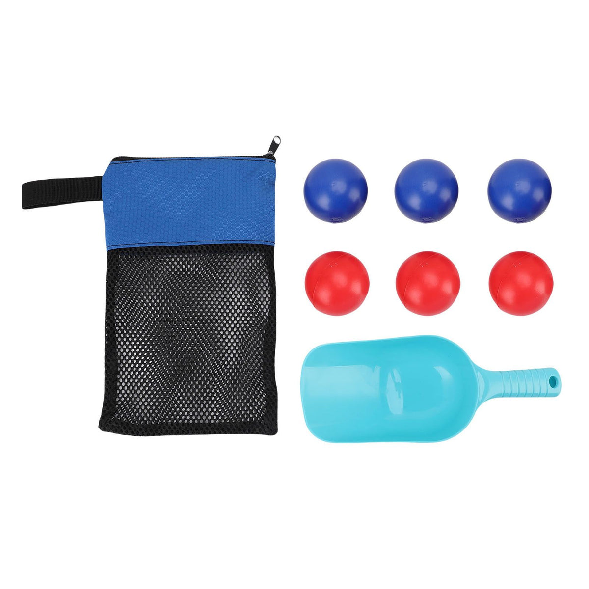 Beach Toss game set with blue and red PVC balls, shovel, and mesh bag, ideal for outdoor play for kids and teens.