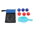 Beach toss game set with blue and red PVC balls, mesh bag, and shovel, designed for outdoor play for kids and teens.