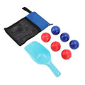 Beach Toss Game Set with blue and red balls, shovel, and mesh bag, portable outdoor outdoor toy for kids and adults.