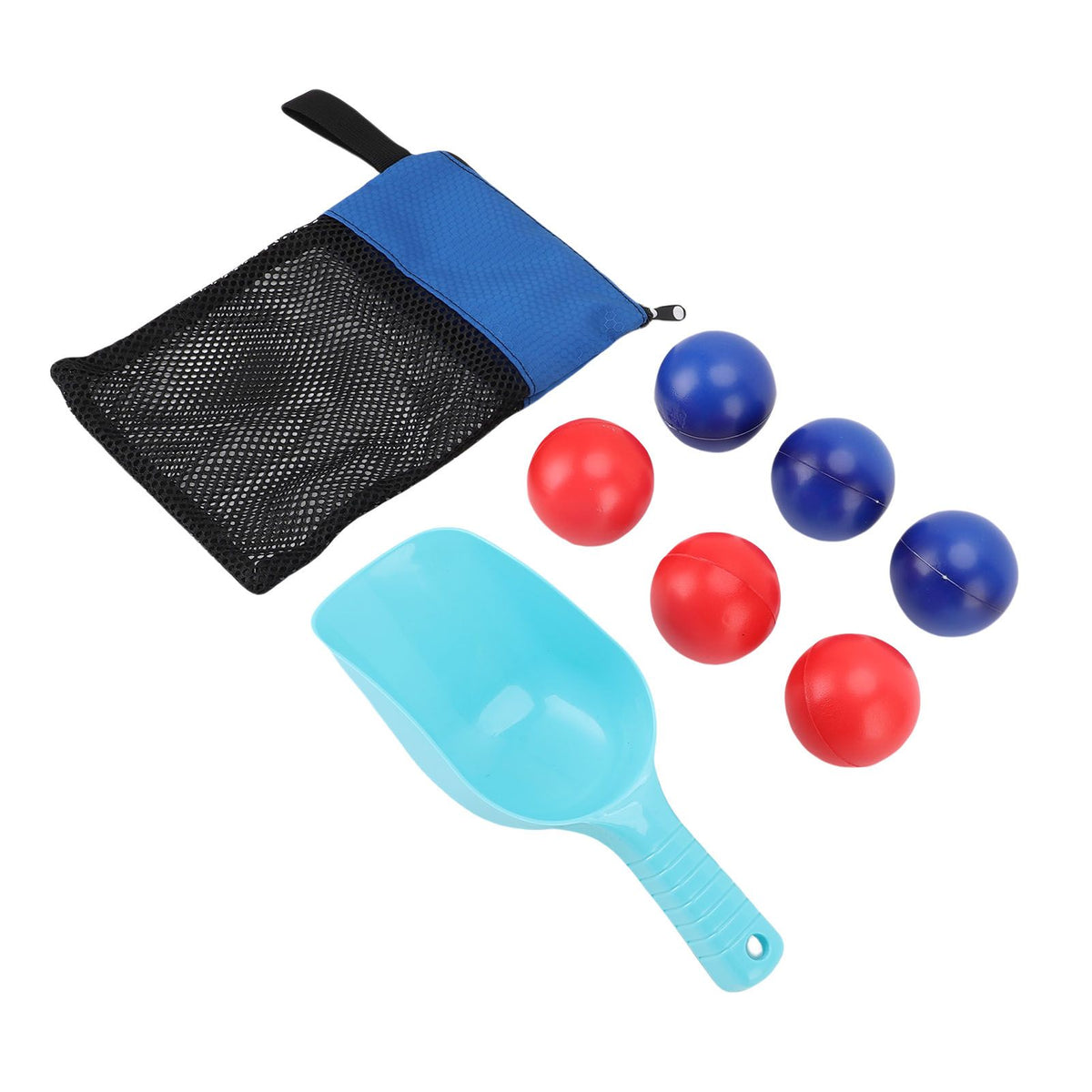 Beach Toss Game Set with blue and red balls, shovel, and mesh bag, portable outdoor outdoor toy for kids and adults.