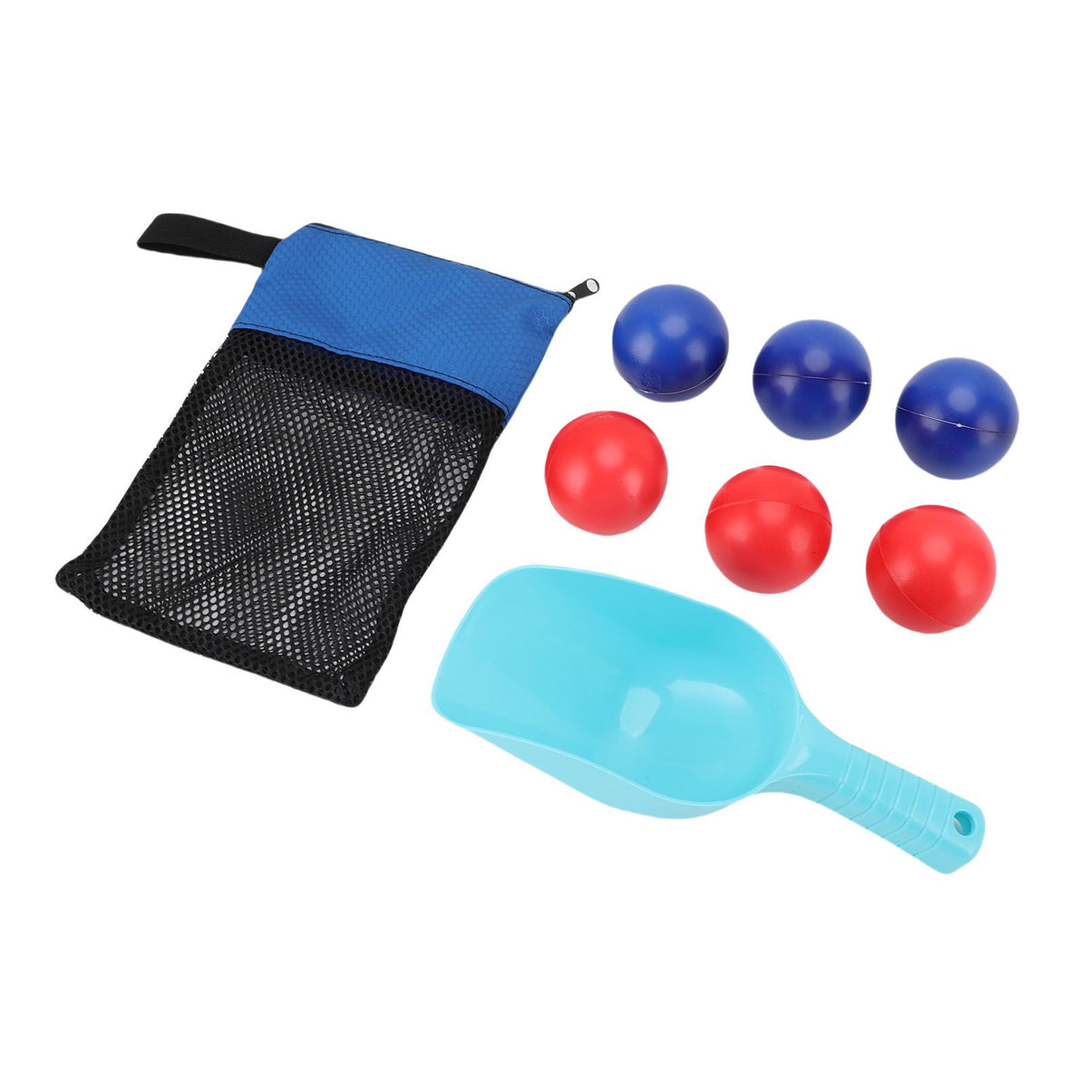 Beach Toss Game set with blue and red PVC balls, shovel, and mesh bag, ideal for outdoor beach play for kids and teens.
