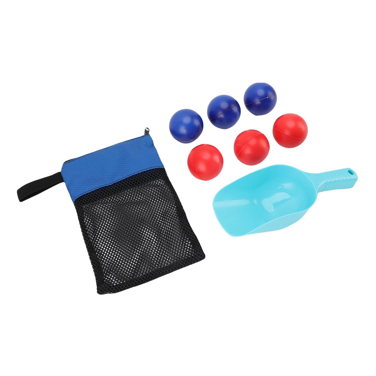 Beach toss game set with blue and red PVC balls, shovel, and mesh bag for outdoor play with kids and teens.