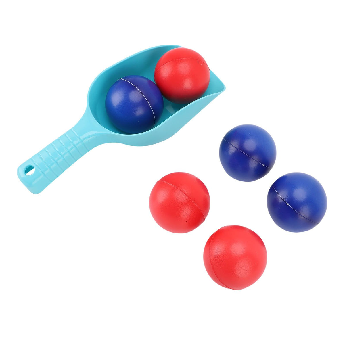 Beach Toss game set with blue and red PVC balls, mesh bag, and shovel, perfect for outdoor fun for kids and adults.