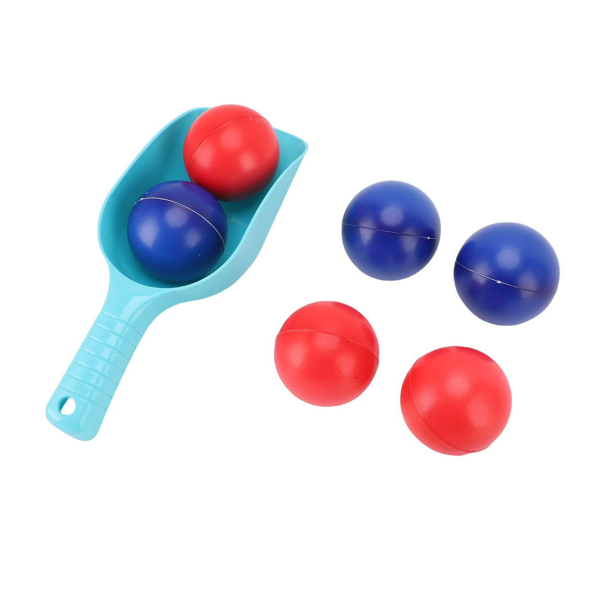 Beach toss game set with blue and red PVC balls, shovel, and mesh bag for outdoor fun with kids and adults
