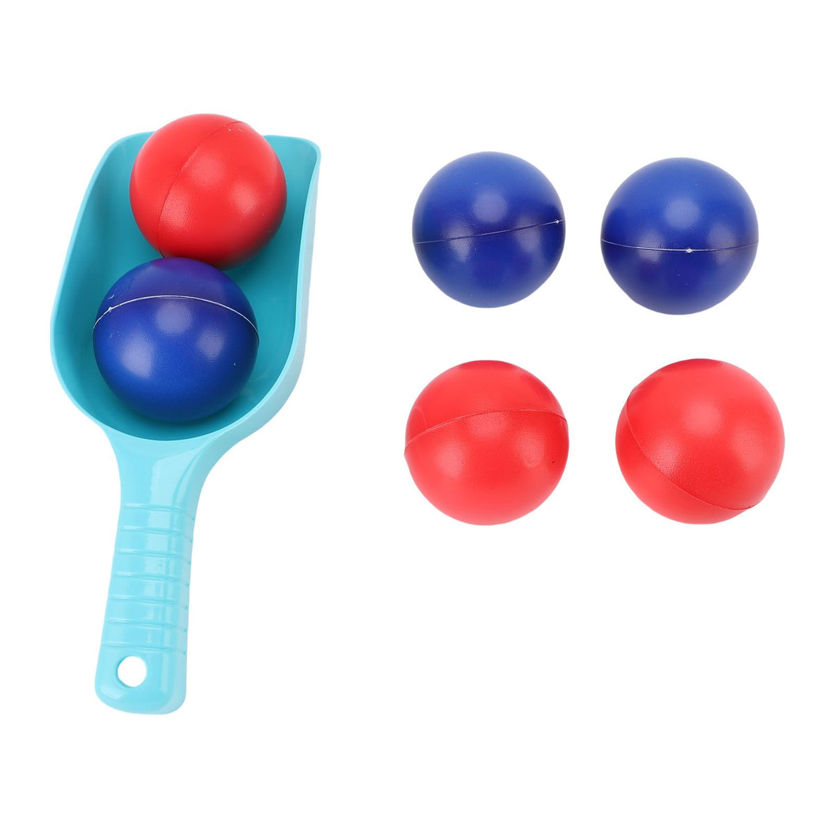 Beach toss game set with blue and red PVC balls, shovel, and mesh bag for outdoor play, suitable for kids and teens