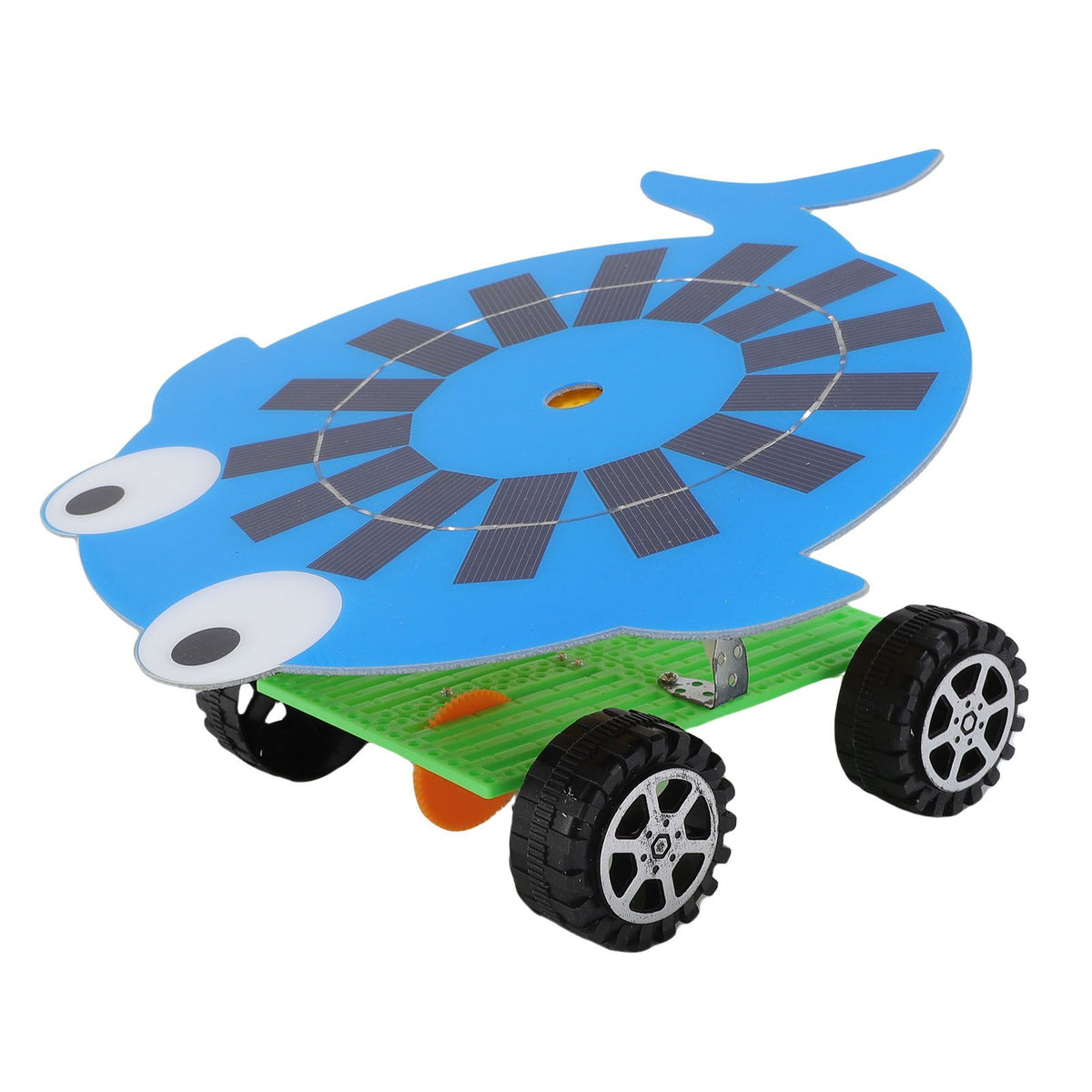Solar car toy with cartoon fish design, featuring a 5W monocrystalline silicon solar panel, for kids' educational ride-on fun.