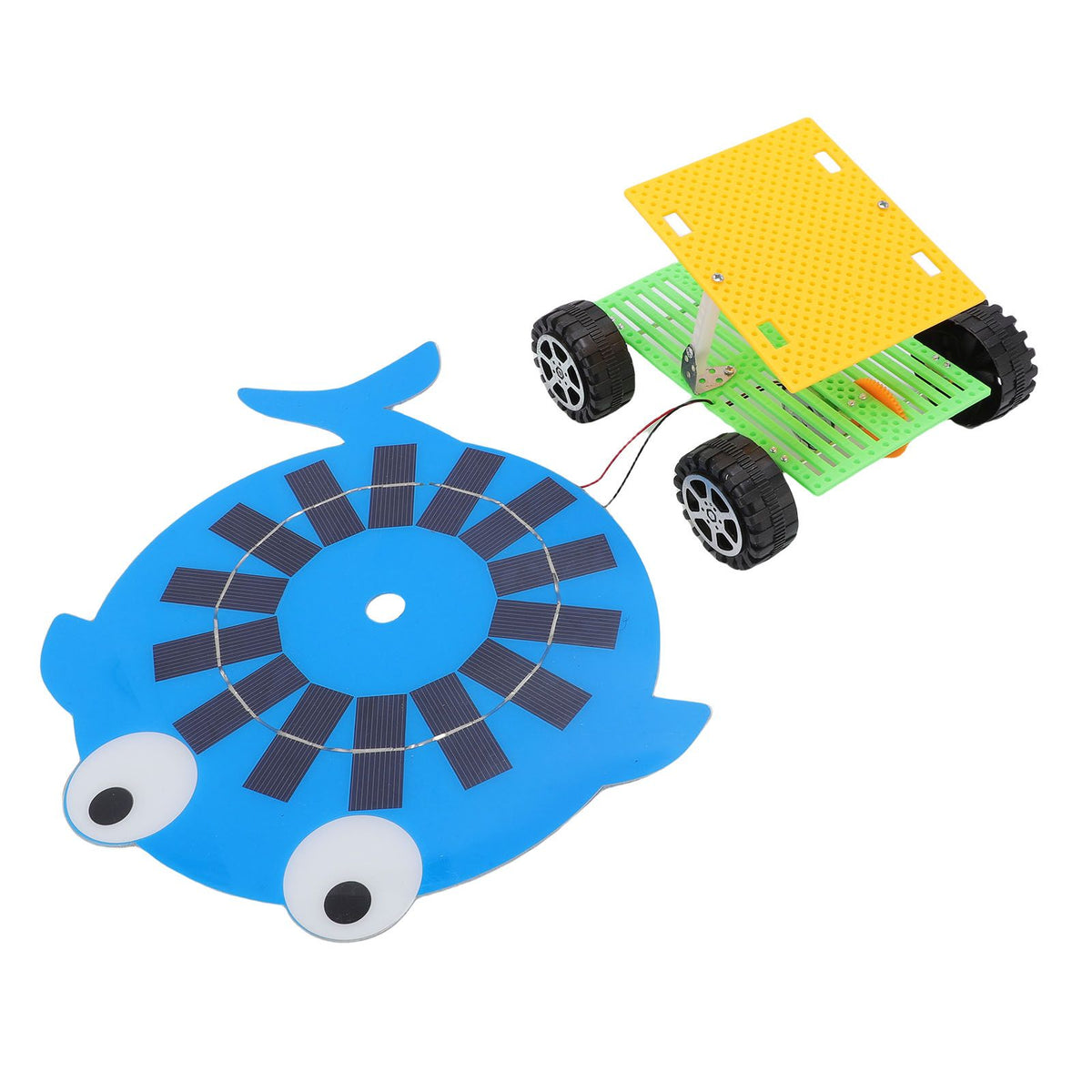 Mini solar-powered car toy for kids with cartoon fish design, featuring a 5W monocrystalline silicon solar panel for science fun.