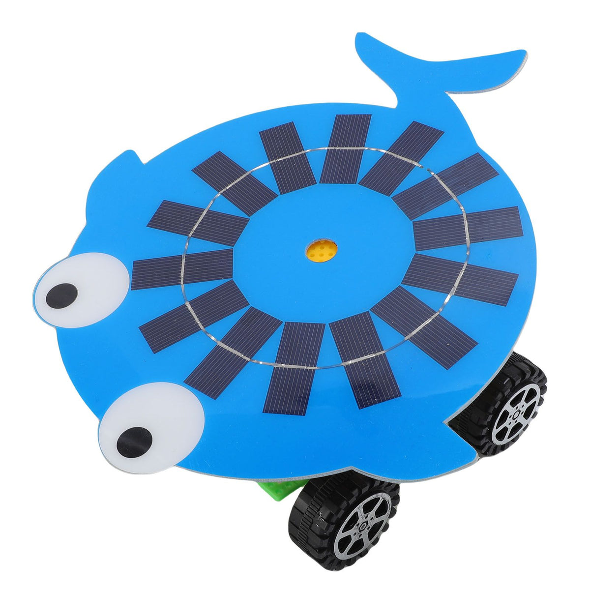 Mini solar car toy by Everything Baby with cartoon fish design, powered by 5W monocrystalline silicon solar panel for kids' science fun.