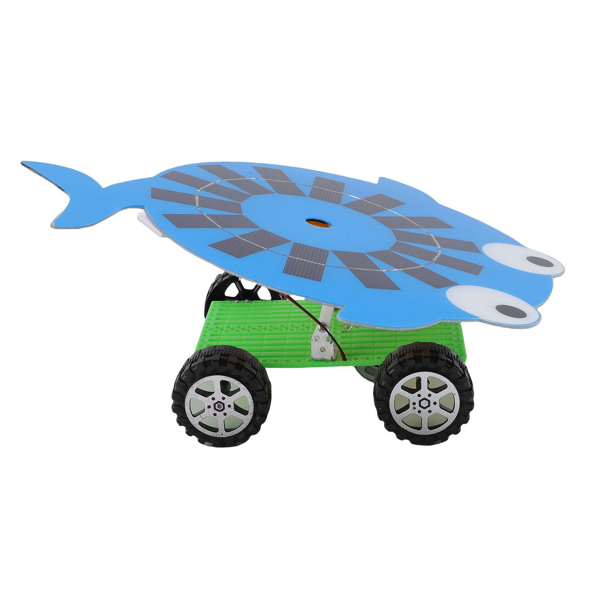 Kids' solar-powered ride-on car with cartoon fish design, featuring a 5W monocrystalline silicon solar panel for educational play.