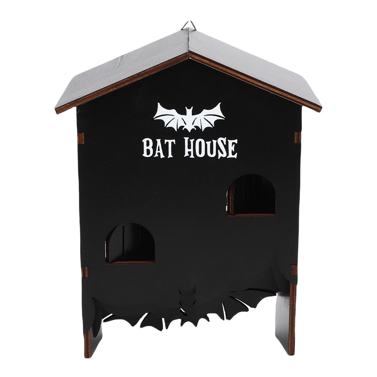 Weatherproof wooden bat house with three chambers, designed for outdoor garden, patio, or backyard installation.