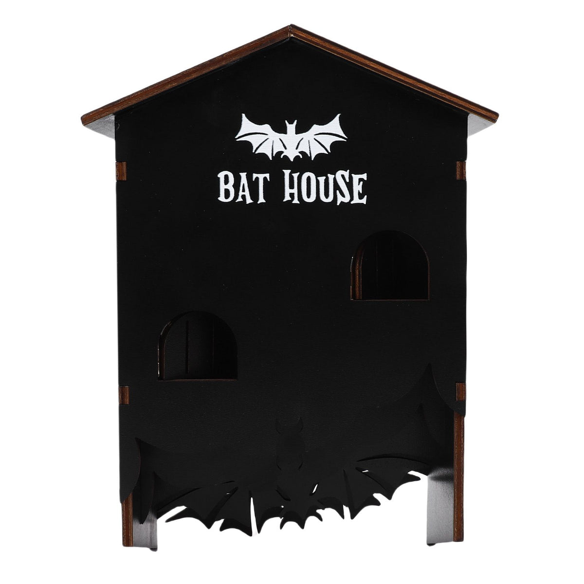 Weatherproof wooden bat house with three chambers, designed for outdoor garden, patio, or backyard use for bats.