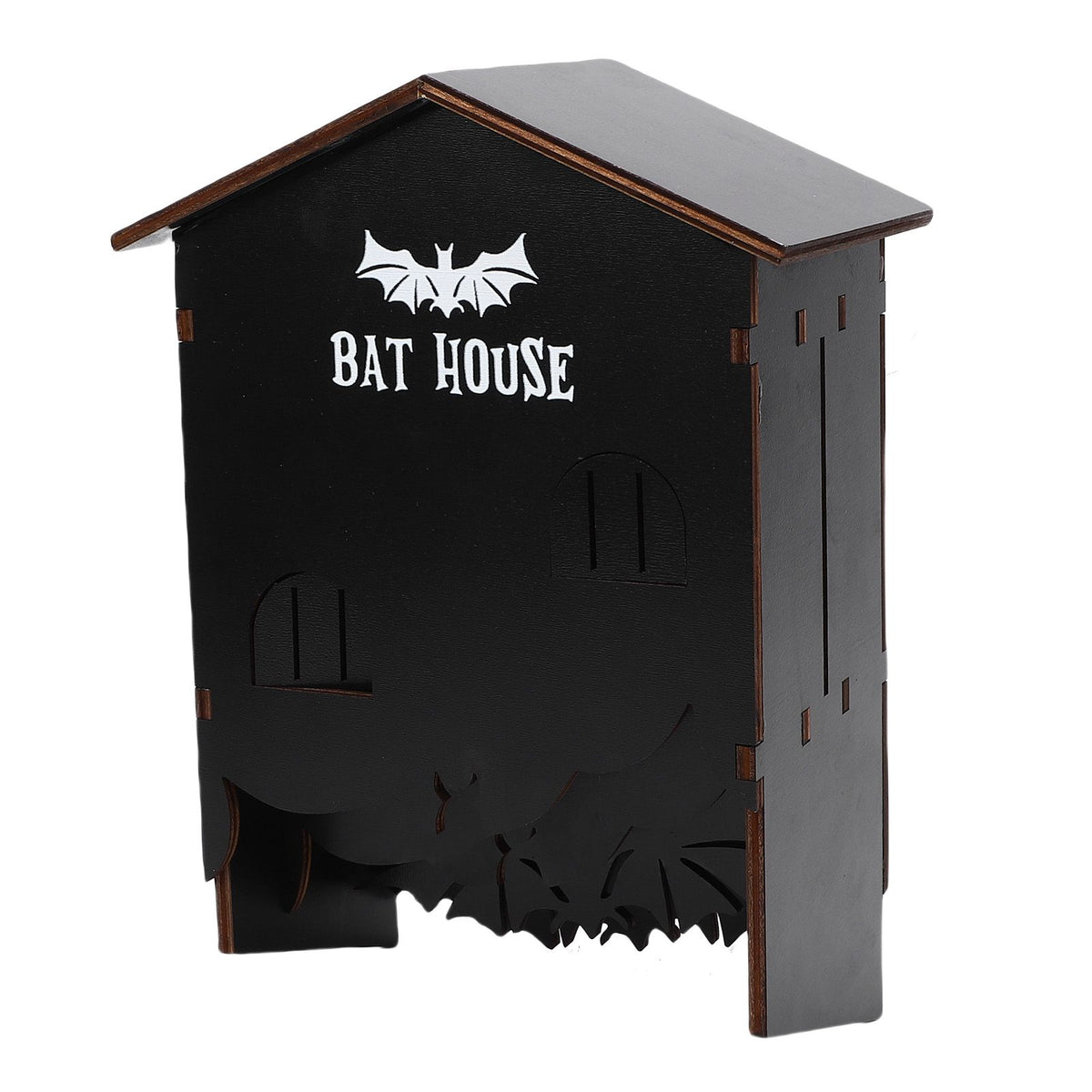 Weatherproof wooden bat house with three chambers, designed for outdoor gardens, patios, and backyards.