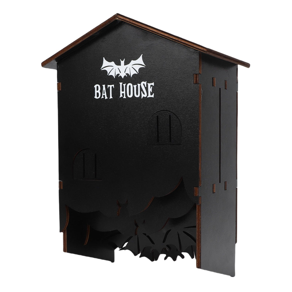 Weatherproof wooden bat house with three chambers designed for outdoor garden, patio, or backyard installation.