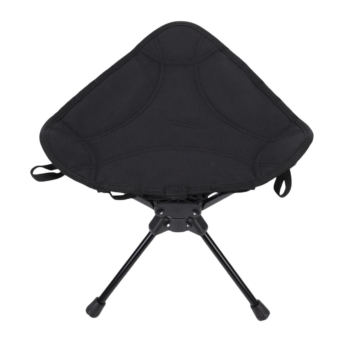 Black folding camping stool with 360-degree rotating seat, lightweight and portable outdoor chair for hiking, fishing, and picnics.