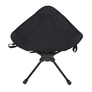 Black folding camping stool with 360-degree rotating seat, lightweight and portable outdoor chair for hiking, fishing, and picnics.