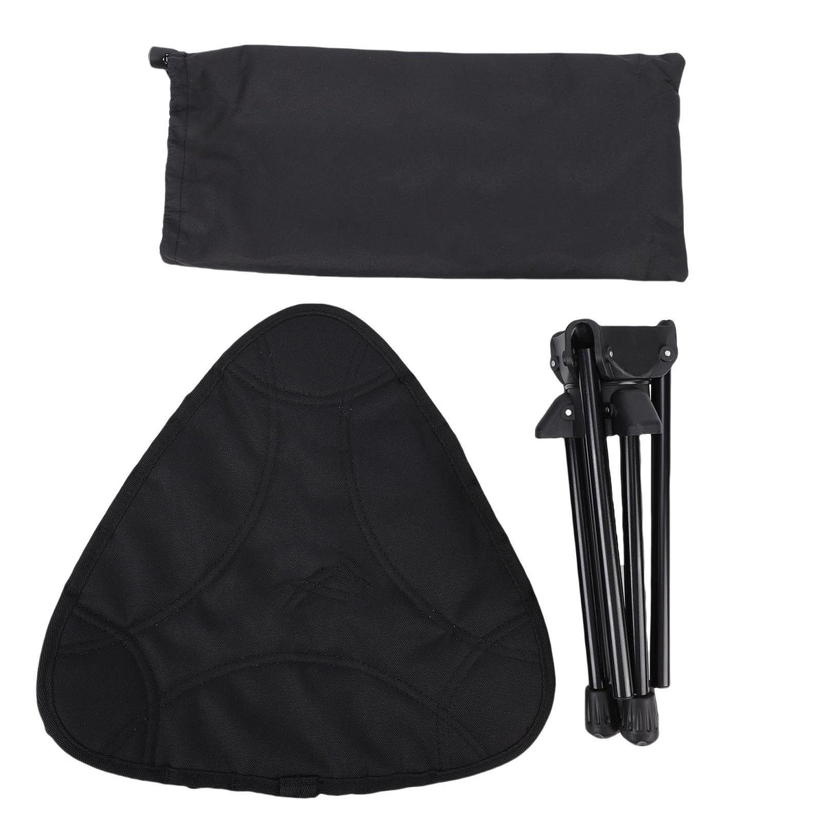 Black folding camping stool with 360-degree rotation, lightweight triangular design, portable outdoor seat for hiking, fishing, and picnics