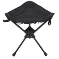 Black folding camping stool with 360-degree rotating seat, lightweight triangular design, suitable for outdoor activities like hiking and fishing.