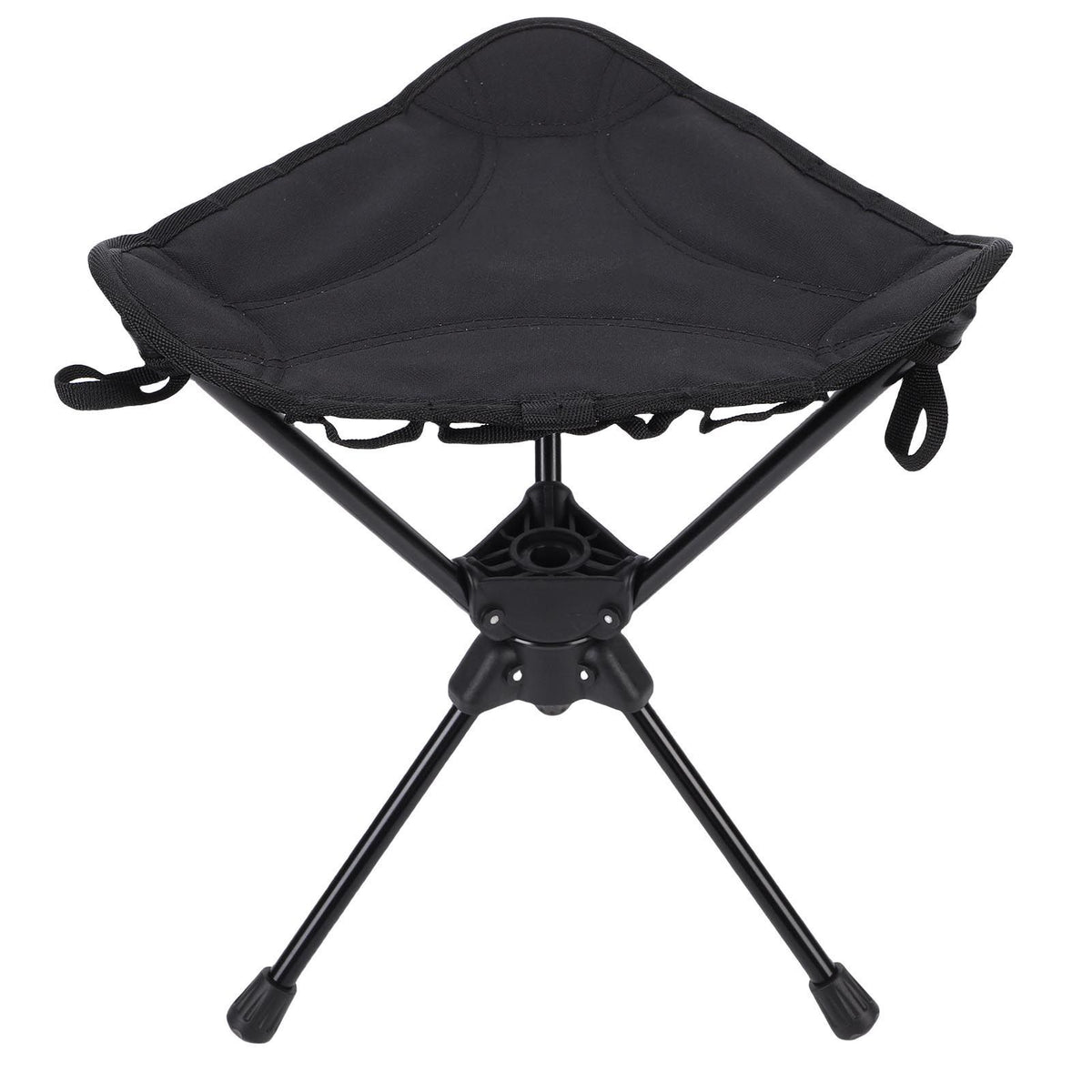 Black folding camping stool with 360-degree rotating seat, lightweight triangular design, suitable for outdoor activities like hiking and fishing.