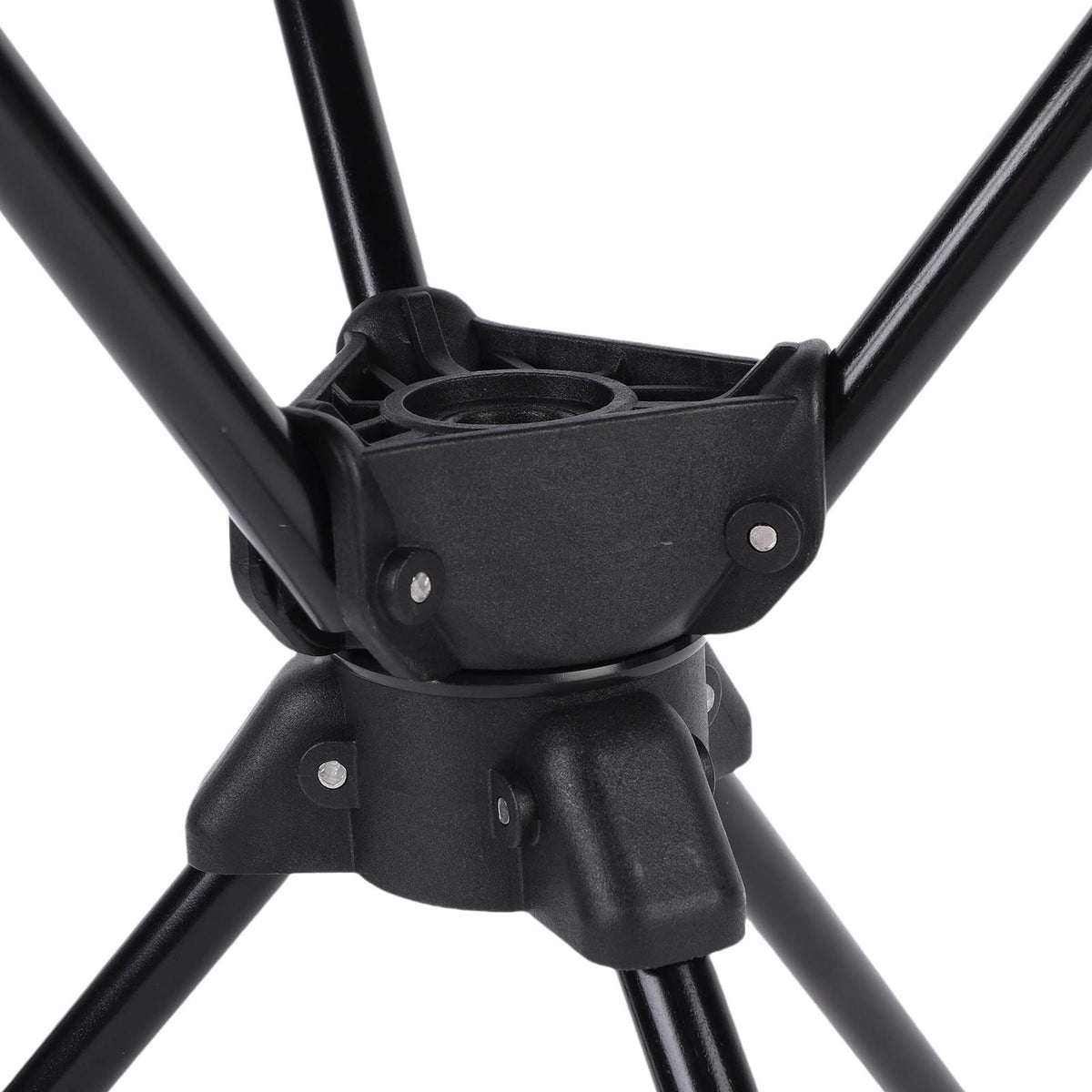 Black folding camping stool with 360-degree rotating seat, lightweight and portable outdoor chair for hiking, fishing, and picnics.