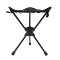 Black folding camping stool with 360-degree rotating seat, lightweight and portable triangular outdoor chair for hiking, fishing, and picnics.