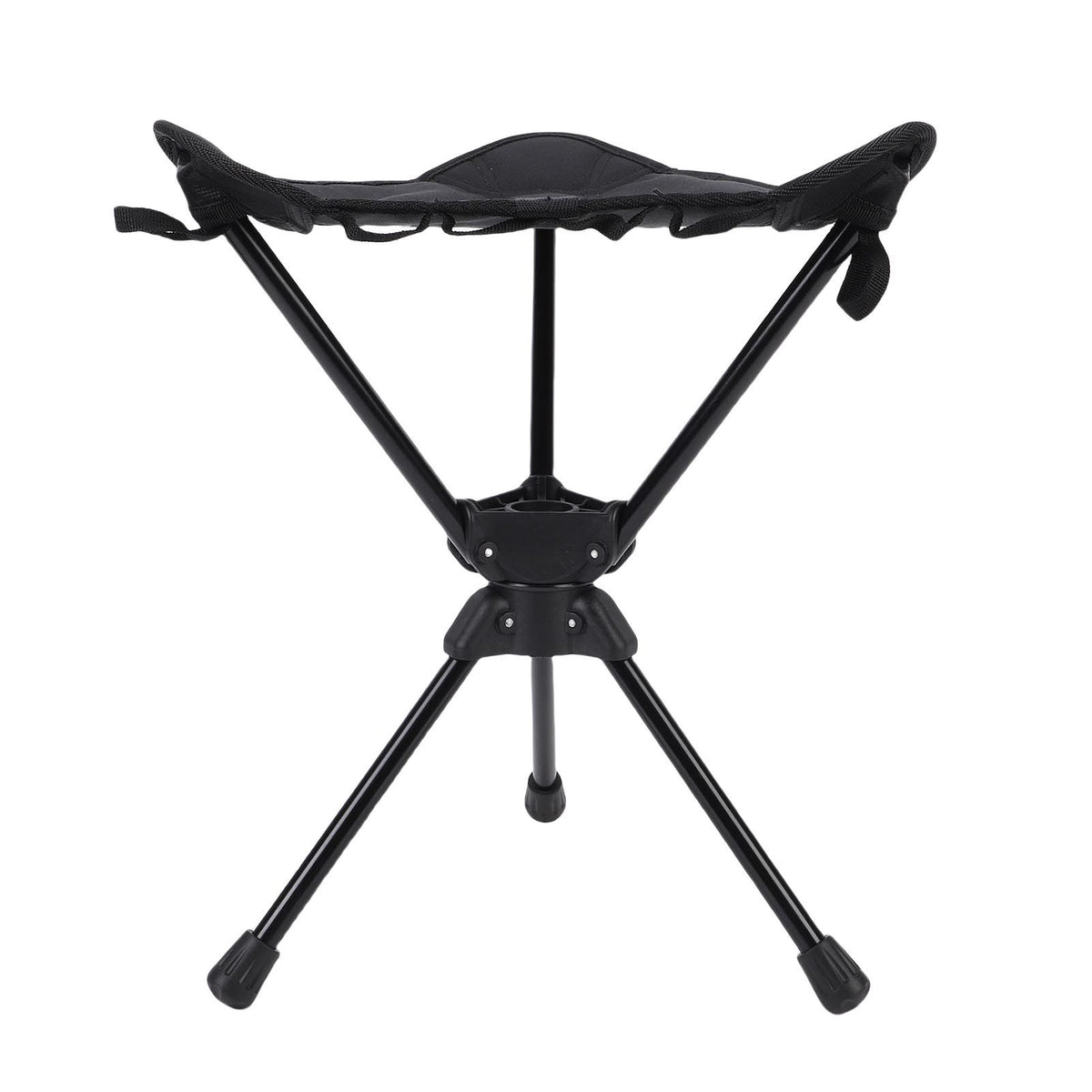 Black folding camping stool with 360-degree rotating seat, lightweight and portable triangular outdoor chair for hiking, fishing, and picnics.